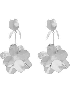 Women's Silver Flower Bud Floral Petal Boho Bud Dangle Drop Long Earring